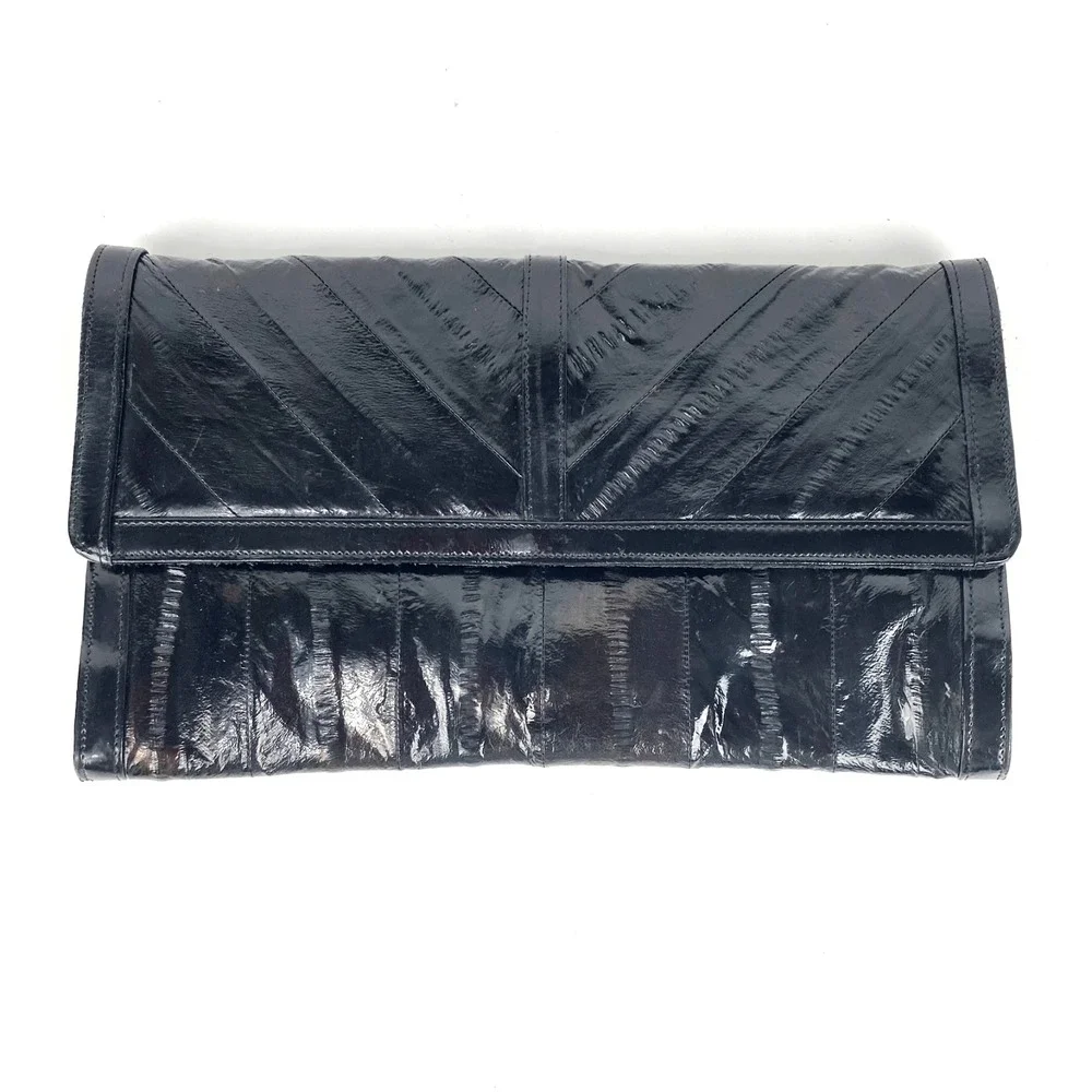 Leather of the Sea Eel Skin Leather Clutch Black Purse Satchel Handbag Bag